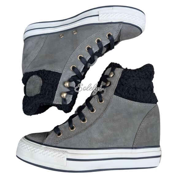 Converse 2014 Platform Plus Sherpa Hidden Wedge Grey Suede Sneaker Boot 7.5 - Picture 10 of 11